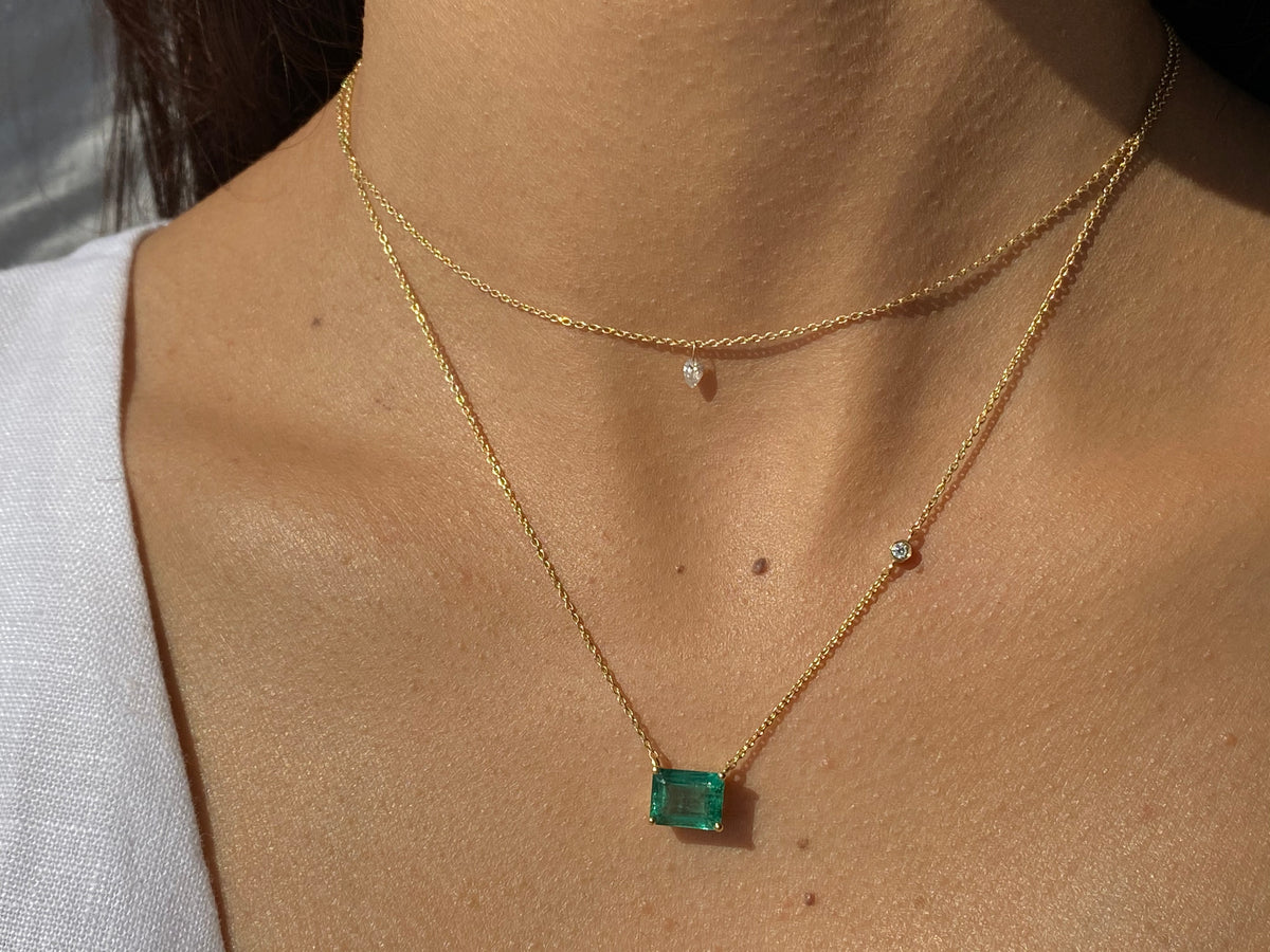 Emerald Cut Zambian Emerald Necklace with Diamond - Albisia Jewelry